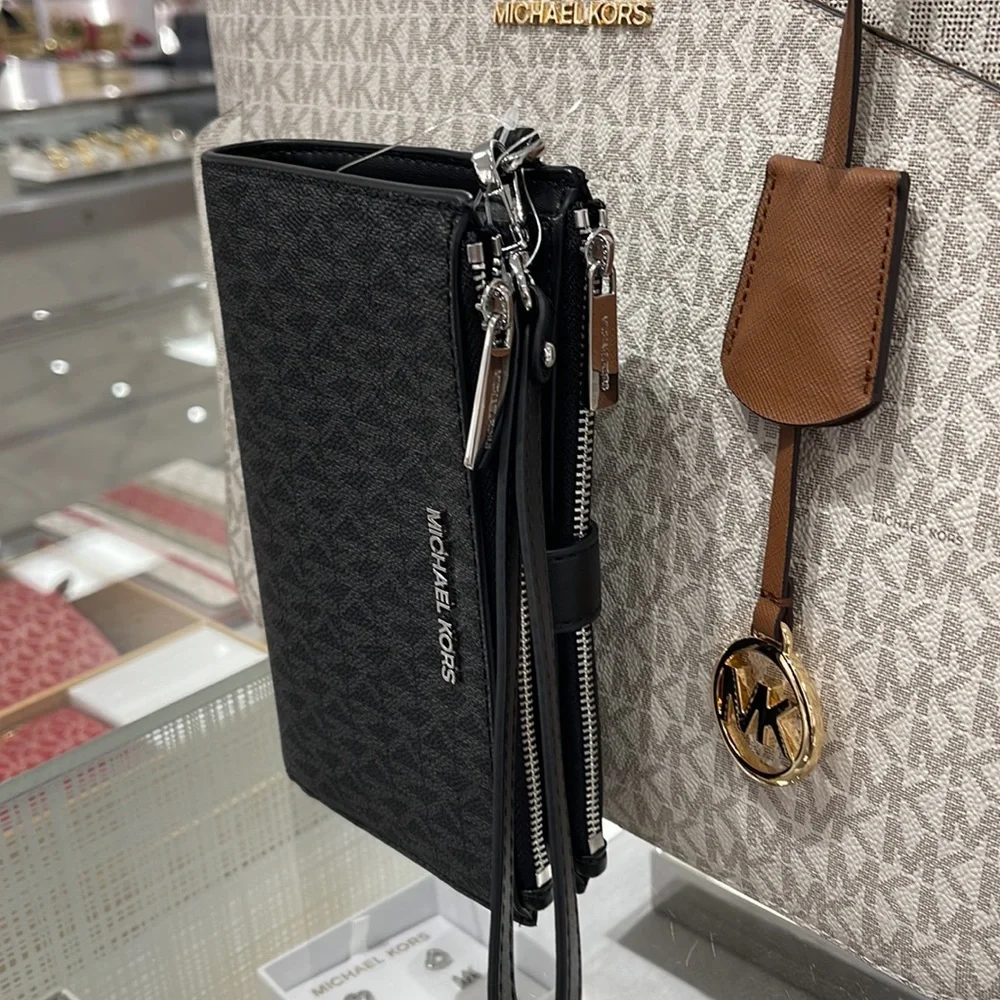 Michael Kors Jet Set Travel Large Double-Zip Wristlet-Wallet-PhoneHolder Black